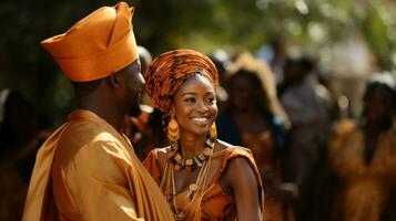 ai generiert schön afrikanisch Paar im traditionell Kleider und Orange Kopftuch. Hochzeit im Afrika. foto