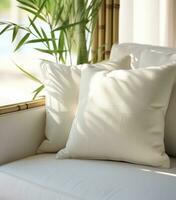 ai generiert ein Weiß Kissen auf ein Couch mit ein Bambus Blatt auf es foto