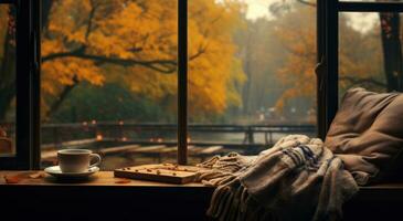 ai generiert Herbst und Winter Sitzung im das Fenster foto