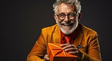 ai generiert ein alt Gentleman ist halten ein Box von ein Geschenk foto