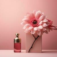 ai generiert ein Rosa Blume und 8 repräsentiert Damen Tag auf ein Rosa Hintergrund foto