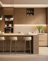 ai generiert ein modern Küche mit Nussbaum und hölzern Möbel foto