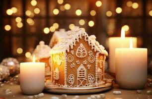 ai generiert Weihnachten Lebkuchen Haus auf Tabelle mit Kerzen foto