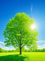 ai generiert Grün Baum, Hintergrund Himmel realistisch Aussicht foto