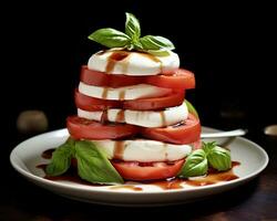 ai generiert ungewöhnlich Caprese Salat Nahansicht mit Schichten von Tomate, Mozzarella Käse und Basilikum foto