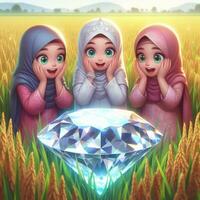 ai generiert Muslim Mädchen sind schockiert zu sehen Riese Diamanten im das Reis Felder, ai generiert. foto