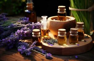 ai generiert Lavendel Aromatherapie das Wesentliche foto