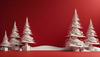 ai generiert fröhlich Weihnachten Baum Weiß auf rot Hintergrund Hintergrund foto