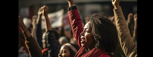 ai generiert afrikanisch amerikanisch Frau erziehen Hände teilnehmen im ein Protest zum Mensch Rechte foto