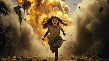 ai generiert ein wenig erschrocken Muslim Mädchen läuft Weg von das Explosion während das Krieg foto