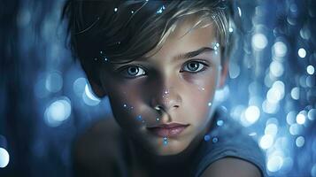ai generiert wenig süß Jungs Porträt mit Blau Beleuchtung isoliert auf Blau Hintergrund foto
