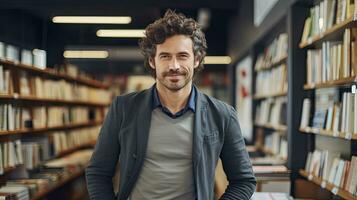 ai generiert jung Mann Stehen im Bibliothek Innere foto