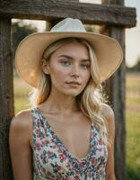 ai generiert Foto von schön Frau mit blond Haar und drucken Kleid und Cowboy Hut Stehen beim lokal Bauernhof Weg, generativ ai