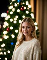 ai generiert Foto von schön Frau mit blond Haar im Sweatshirt Stehen im Vorderseite von Weihnachten Baum , generativ ai