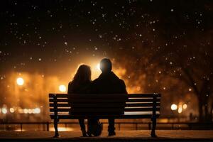ai generiert Paar im Liebe Sitzung auf ein Park Bank, romantisch, halten Hand, beim Nacht, ai generativ foto