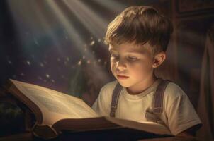 ai generiert Junge lesen Märchenbuch mit Erleuchtung Strahl. generieren ai foto