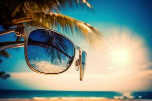 ai generiert Sonnenbrille und Strand Landschaft, Sommer- Ferien Hintergrund. ai generiert foto