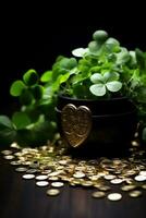 ai generiert ein klein Topf von vierblättrig Kleeblatt mit ein Herz geformt Münze im Es, ai foto