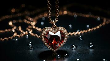 ai generiert ein Herz geformt Anhänger mit ein rot Stein und Diamanten, ai foto