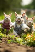 ai generiert ein Gruppe von drei klein Kaninchen Laufen im ein Feld, ai foto