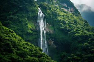 ai generiert ein Wasserfall Kaskadierung Nieder ein Grün Berg Seite mit Bäume, ai foto