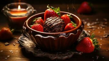 ai generiert ein Schokolade bedeckt Erdbeeren und ein Kerze auf das Tisch, ai foto