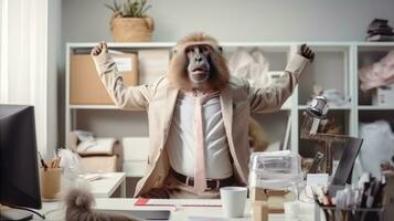 ai generiert ein Mann im ein Affe Maske Sitzung beim ein Schreibtisch, ai foto