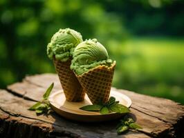 ai generiert zwei Schaufeln von Matcha Grün Tee Eis Sahne auf ein Platte, ai foto