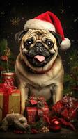 ai generiert ein Mops Hund tragen ein Santa Hut Sitzung Nächster zu die Geschenke, ai foto