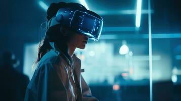 ai generiert ein Frau tragen ein virtuell Wirklichkeit Headset im ein dunkel Zimmer, ai foto