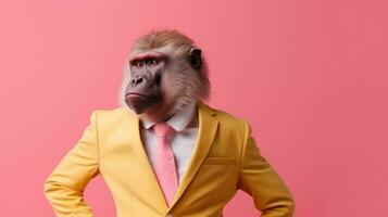 ai generiert ein Affe gekleidet im ein Gelb passen und Rosa binden, ai foto