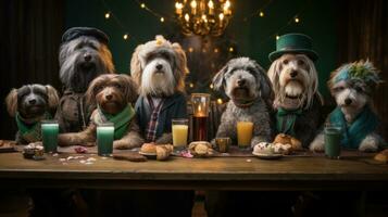 ai generiert ein Gruppe von Hunde sind Sitzung beim ein Tabelle mit Brille und Essen, ai foto