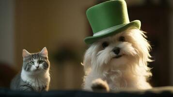ai generiert ein Hund und Katze Sitzung Nächster zu jeder andere mit ein Grün Hut, ai foto