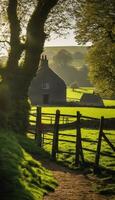 ai generiert Gelassenheit im das Englisch Landschaft ein Blick in ländlich Bauernhof Leben foto