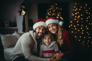 ai generiert glücklich Familie tragen Santa Hut feiern Weihnachten beim heim. Feier, Party und Ferien Konzept foto