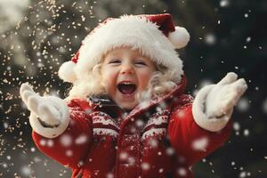 ai generiert glücklich Mädchen im Weihnachten Outfit werfen Schnee im das Luft. Lebensstil, Winter Jahreszeit, Urlaub Konzept foto