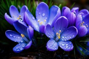 ai generiert Frühling Blumen von Blau Krokusse mit Tropfen von Wasser foto