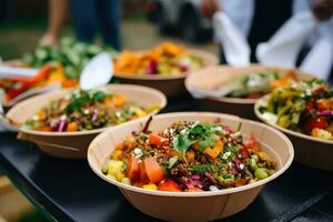 ai generiert Straße Essen Festival, Gastronomie Service. Gemüse Salate im Papier Platten verkauft draußen beim Markt Platz foto