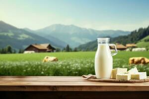 ai generiert leeren hölzern Tabelle mit Käse und Glas von Milch. Kühe Weiden lassen im das Wiese im das Hintergrund. natürlich Bühne, Hintergrund geeignet zum Produkte oder Produkte zum Präsentation foto