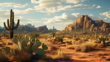 ai generiert wild Westen Texas Wüste Landschaft mit Berge und Kakteen. foto