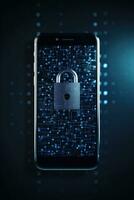 ai generiert Cyber Sicherheit, Handy, Mobiltelefon Telefon mit Sicherheit sperren System zum Netzwerk. Smartphone Bildschirm zum Privatsphäre, Antivirus oder hacken foto