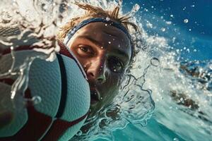 ai generiert Nahansicht Schuss von das Wasser Polo Spieler mit das Ball foto