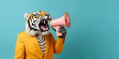 ai generiert Tiger ankündigen mit Hand Lautsprecher. benachrichtigen, Warnung, Bekanntmachung. foto