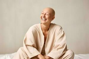 ai generiert Porträt von kaukasisch kahl Frau, Alopezie und Krebs Bewusstsein foto