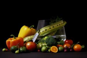 ai generiert ein Array von frisch Gemüse, einschließlich Brokkoli und Orangen, Lügen Nächster zu ein Messung Band. foto