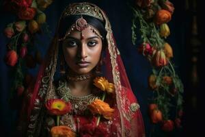 ein jung Frau tragen traditionell indisch Kleidung, einschließlich ein Braut- Schleier, wie sie posiert zum ein Foto. foto