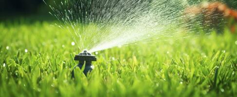 ai generiert automatisch Garten Rasen Sprinkler im Aktion Bewässerung Gras. ai generiert foto