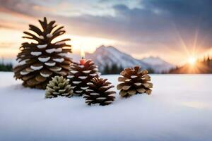 ai generiert ein Kiefer Kegel mit ein Kerze im das Schnee foto