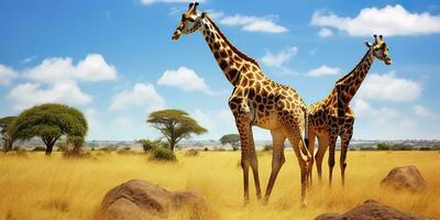 ai generiert Giraffen im das afrikanisch Savanne. Serengeti National Park. Afrika. Tansania. ai generiert foto