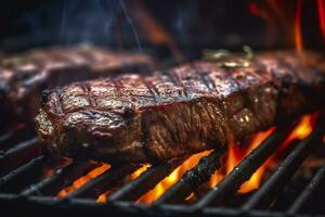 ai generiert Fleisch Grillen auf ein Holzkohle Grill mit Rauch steigend. ai generiert foto